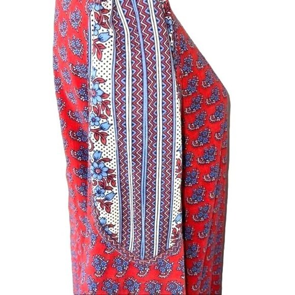 Ramona Rull Maxi Dress Vintage Red Blue Pattern Cotton Pockets Belt Puff Sleeves - Picture 6 of 12